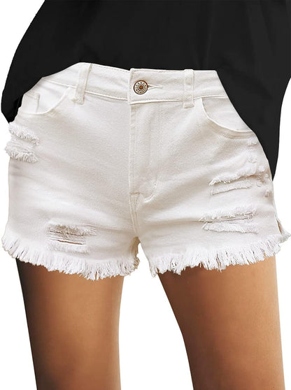 Women's Mid Rise Denim Shorts Stretch Ripped Raw Hem Jean Shorts