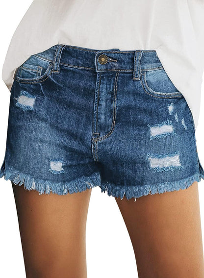 Women's Mid Rise Denim Shorts Stretch Ripped Raw Hem Jean Shorts