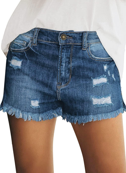 Women's Mid Rise Denim Shorts Stretch Ripped Raw Hem Jean Shorts