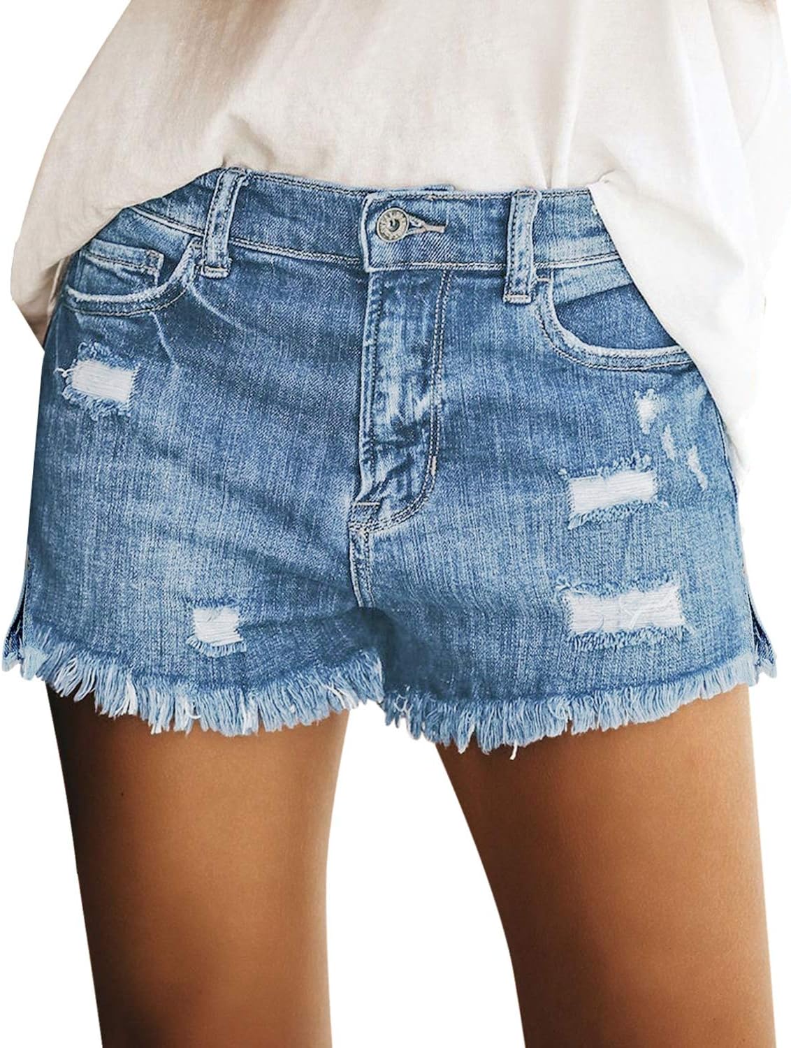 Women's Mid Rise Denim Shorts Stretch Ripped Raw Hem Jean Shorts