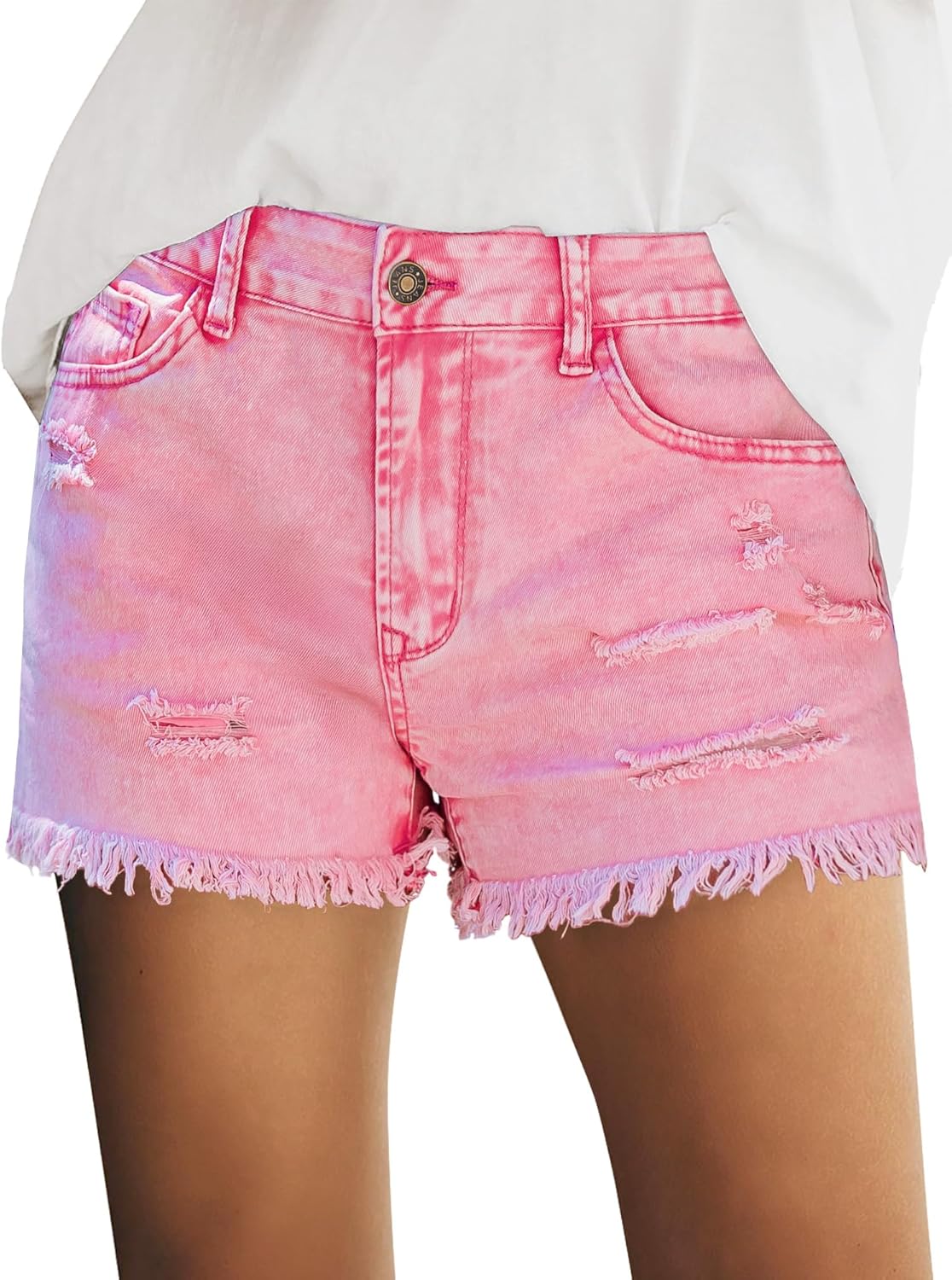Women's Mid Rise Denim Shorts Stretch Ripped Raw Hem Jean Shorts