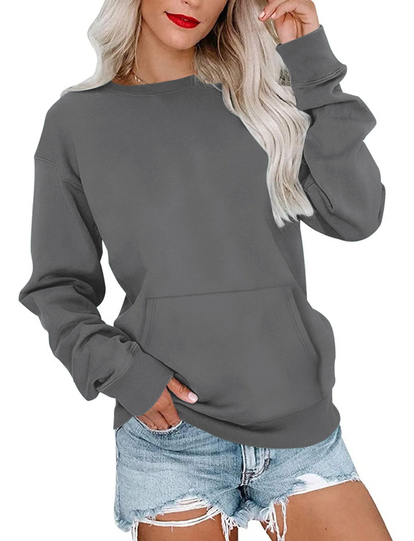 Women's Oversized Long Sleeve Crewneck Sweatshirt with Pocket