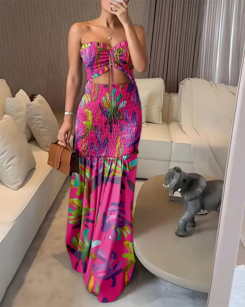 Women's Print Strapless Smocked Top & Mermaid Maxi Skirt Two-Piece Set