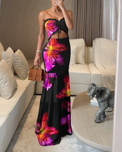 Women's Print Strapless Smocked Top & Mermaid Maxi Skirt Two-Piece Set
