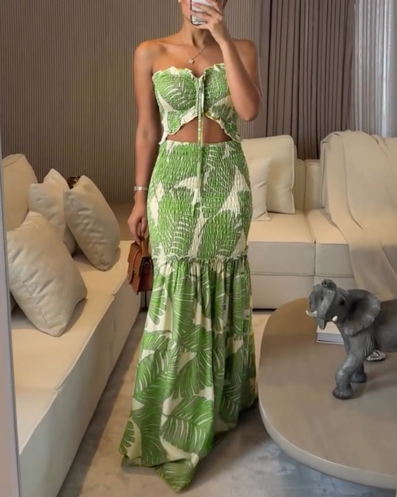 Women's Print Strapless Smocked Top & Mermaid Maxi Skirt Two-Piece Set