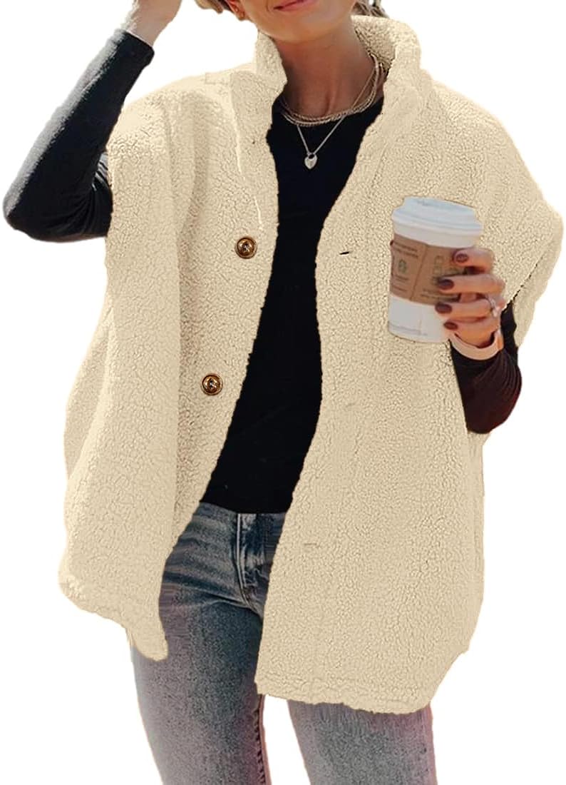 Womens Fuzzy Fleece Oversized Button Down Sherpa Vest Jacket With Pockets