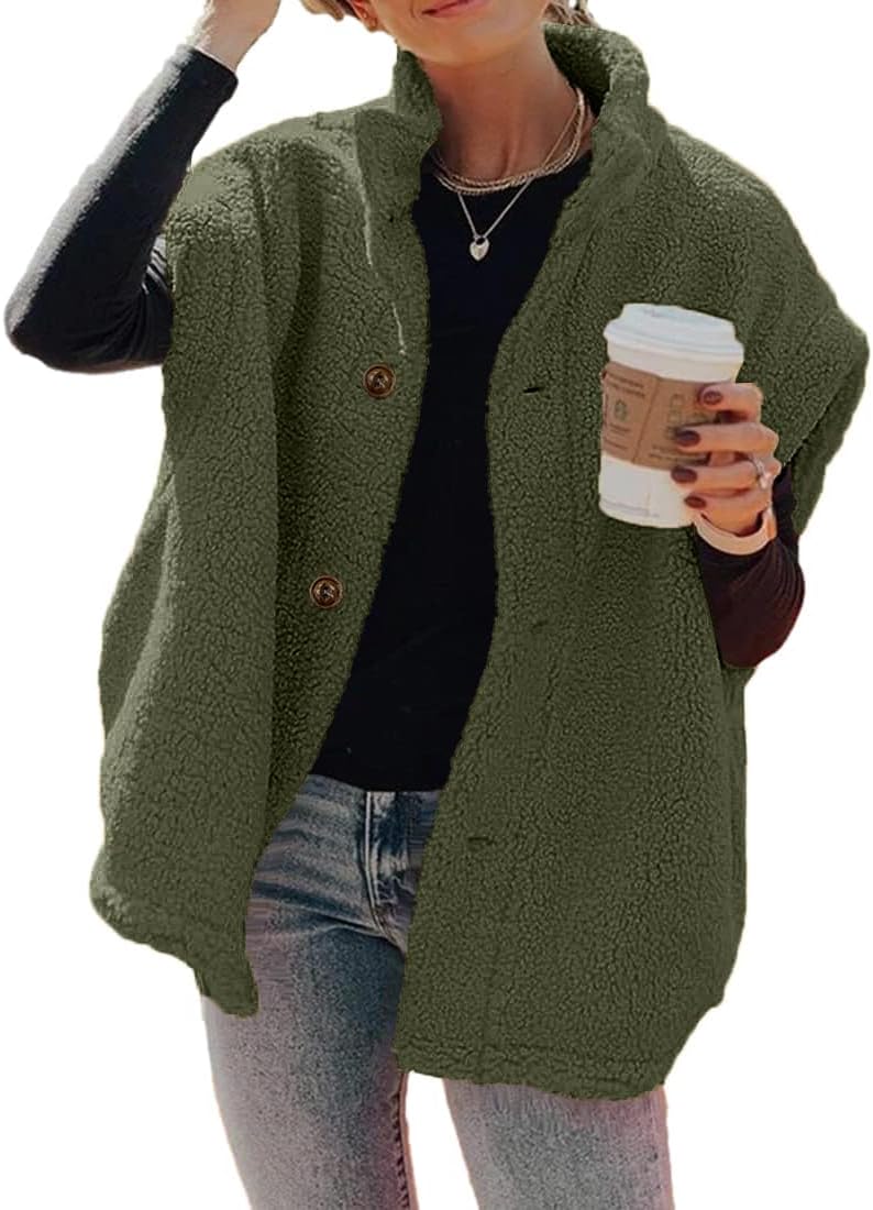 Womens Fuzzy Fleece Oversized Button Down Sherpa Vest Jacket With Pockets