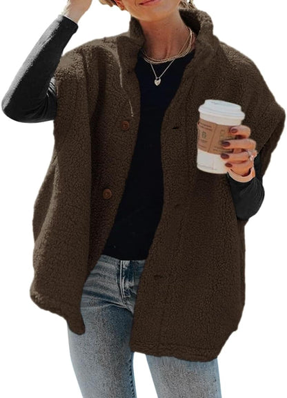 Womens Fuzzy Fleece Oversized Button Down Sherpa Vest Jacket With Pockets