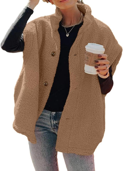 Womens Fuzzy Fleece Oversized Button Down Sherpa Vest Jacket With Pockets