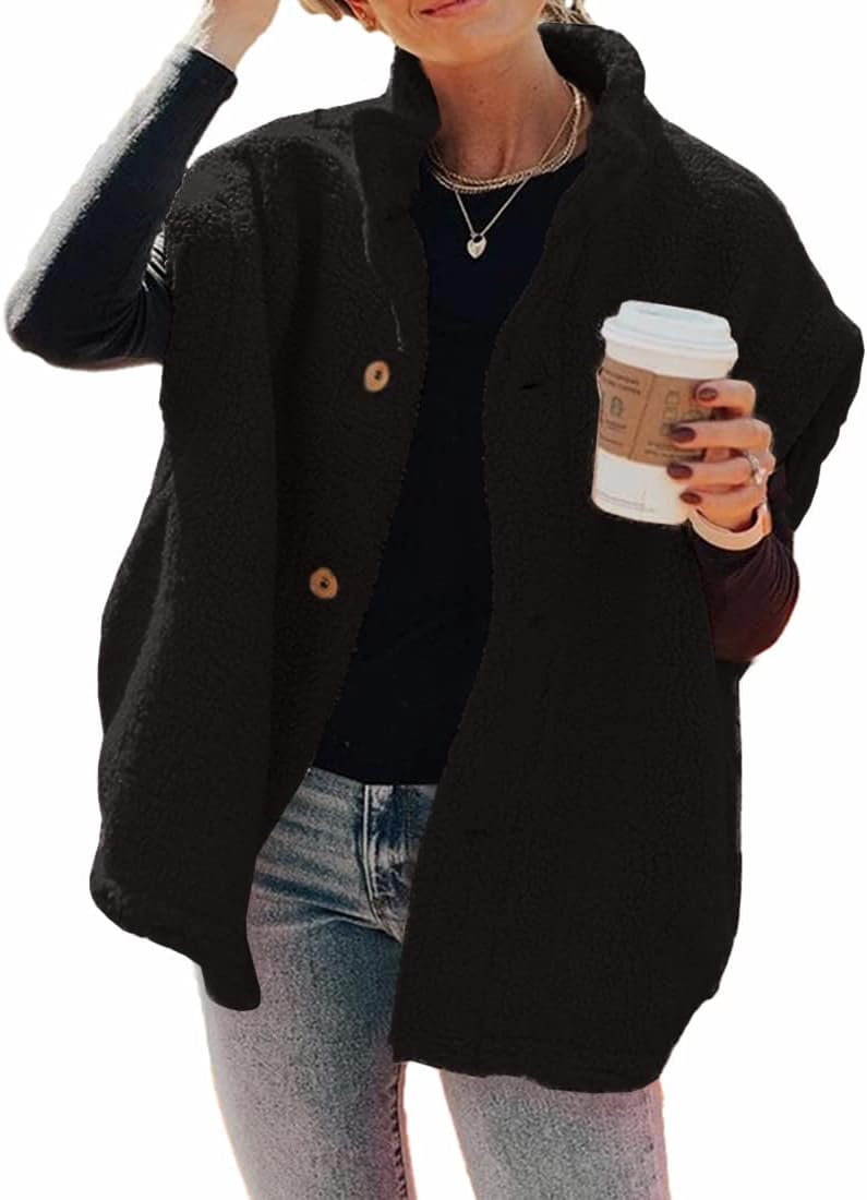 Womens Fuzzy Fleece Oversized Button Down Sherpa Vest Jacket With Pockets