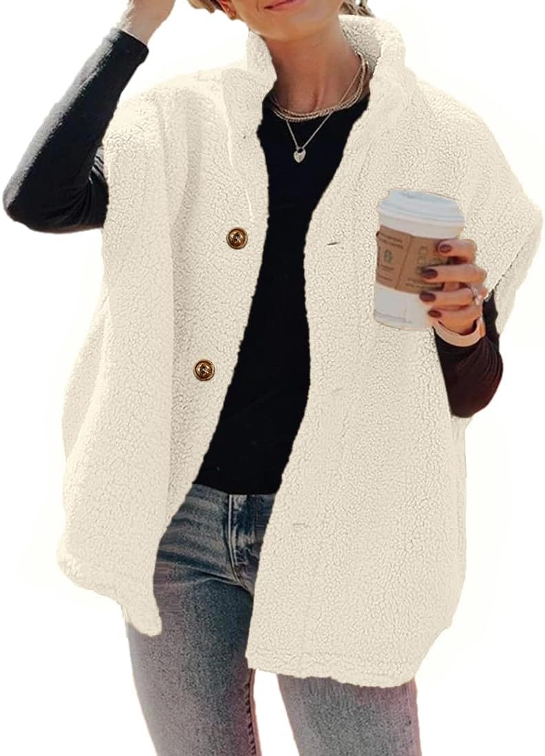 Womens Fuzzy Fleece Oversized Button Down Sherpa Vest Jacket With Pockets