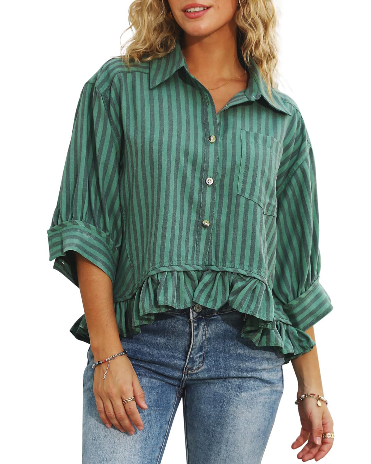 Women's 3/4 Length Sleeve Striped Button Down Shirt Ruffle Hem Blouses Top