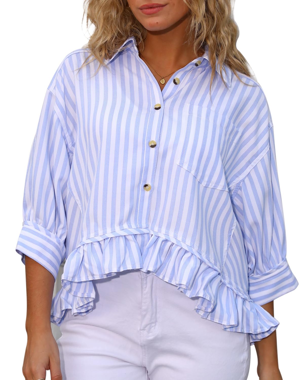 Women's 3/4 Length Sleeve Striped Button Down Shirt Ruffle Hem Blouses Top