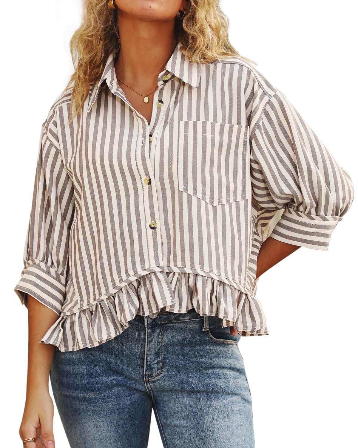 Women's 3/4 Length Sleeve Striped Button Down Shirt Ruffle Hem Blouses Top