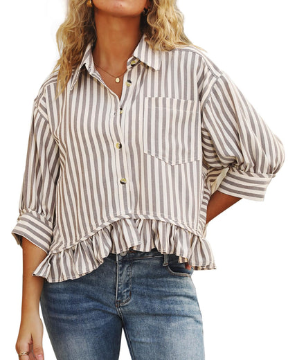 Women's 3/4 Length Sleeve Striped Button Down Shirt Ruffle Hem Blouses Top