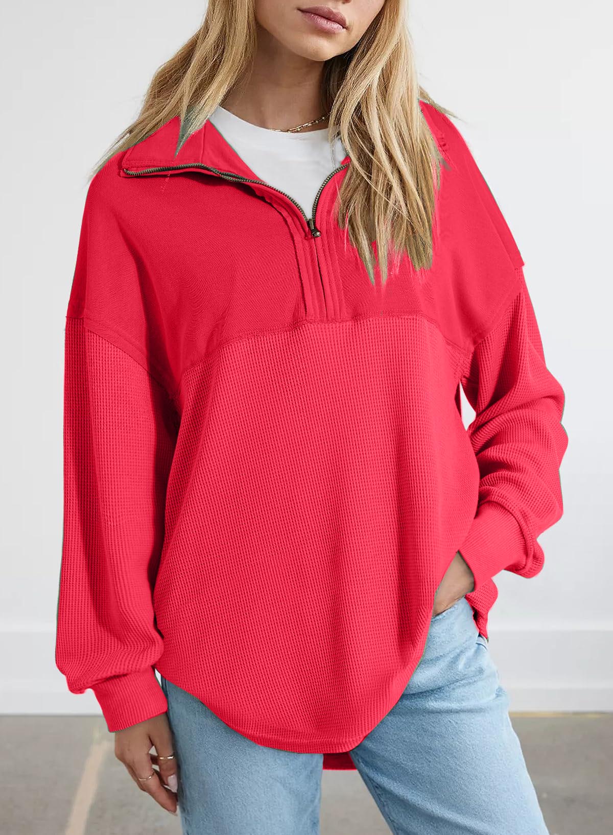 Women's Half Zip Waffle Knit Pullover Top