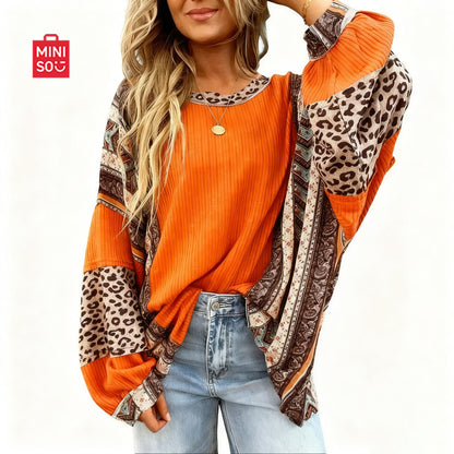 Womens Loose fit Long Sleeve Oversized Retro Leopard Contrast Patchwork Top