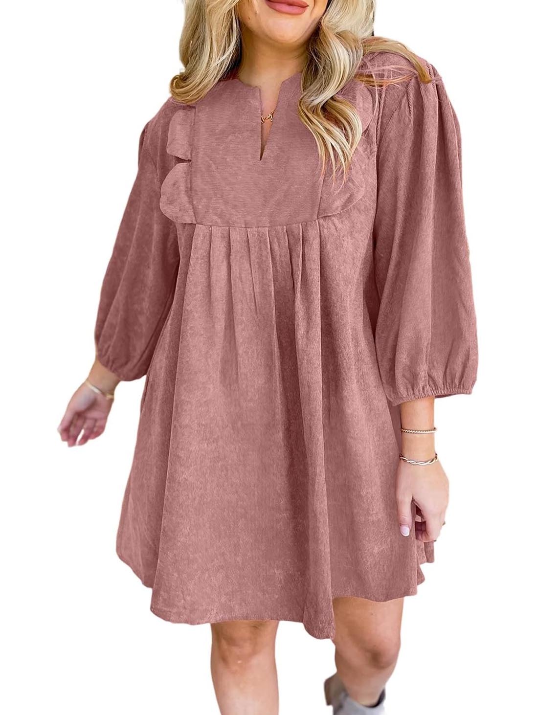 Bracelet Sleeve Split Neck Scallop Detail Pleated Corduroy Mini Dress