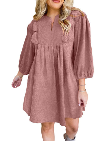 Bracelet Sleeve Split Neck Scallop Detail Pleated Corduroy Mini Dress