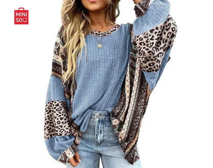 Womens Loose fit Long Sleeve Oversized Retro Leopard Contrast Patchwork Top
