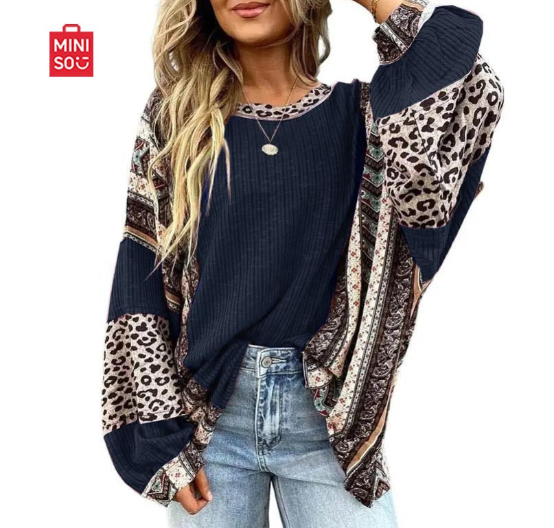 Womens Loose fit Long Sleeve Oversized Retro Leopard Contrast Patchwork Top