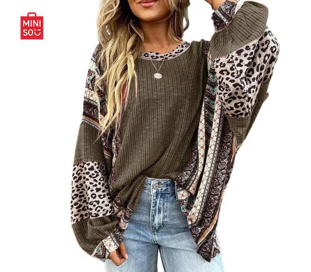 Womens Loose fit Long Sleeve Oversized Retro Leopard Contrast Patchwork Top