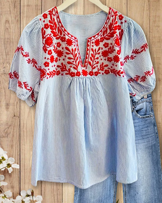 Bohemian Embroidered Striped Puff Sleeve Blouse