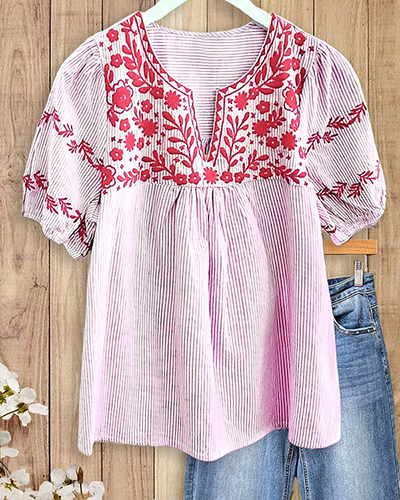 Bohemian Embroidered Striped Puff Sleeve Blouse