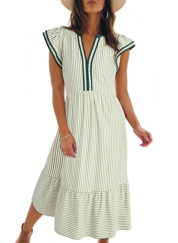 Women's V-Neck Ruffle Sleeves Striped Beach Maxi Dress with Pockets