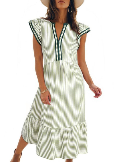 Women's V-Neck Ruffle Sleeves Striped Beach Maxi Dress with Pockets