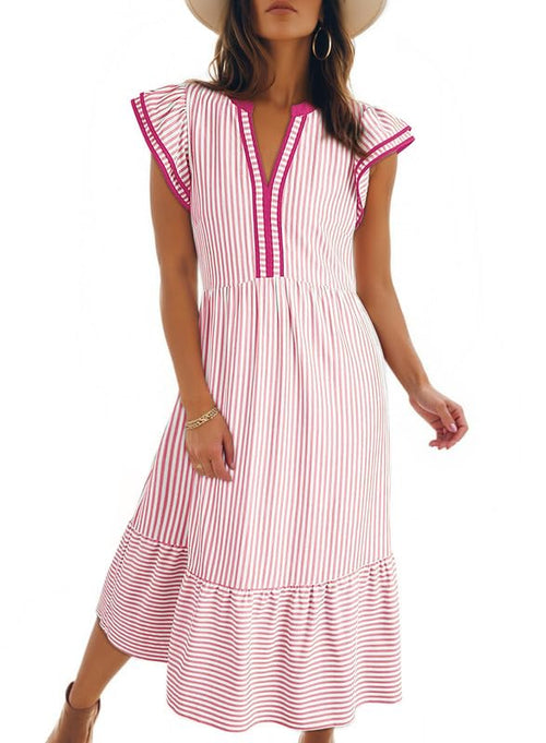 Women's V-Neck Ruffle Sleeves Striped Beach Maxi Dress with Pockets