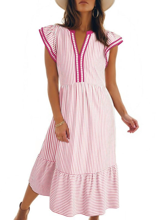Women's V-Neck Ruffle Sleeves Striped Beach Maxi Dress with Pockets