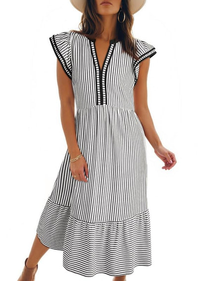 Women's V-Neck Ruffle Sleeves Striped Beach Maxi Dress with Pockets