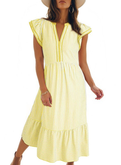 Women's V-Neck Ruffle Sleeves Striped Beach Maxi Dress with Pockets