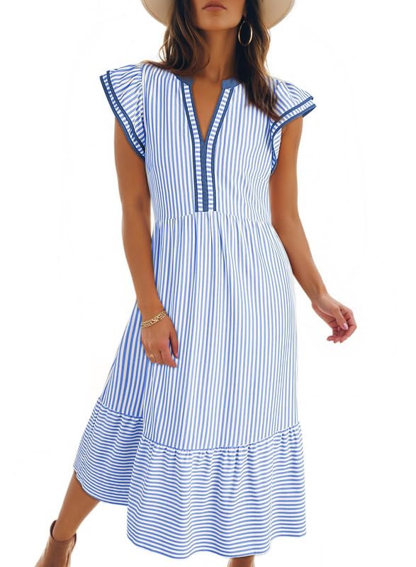 Women's V-Neck Ruffle Sleeves Striped Beach Maxi Dress with Pockets