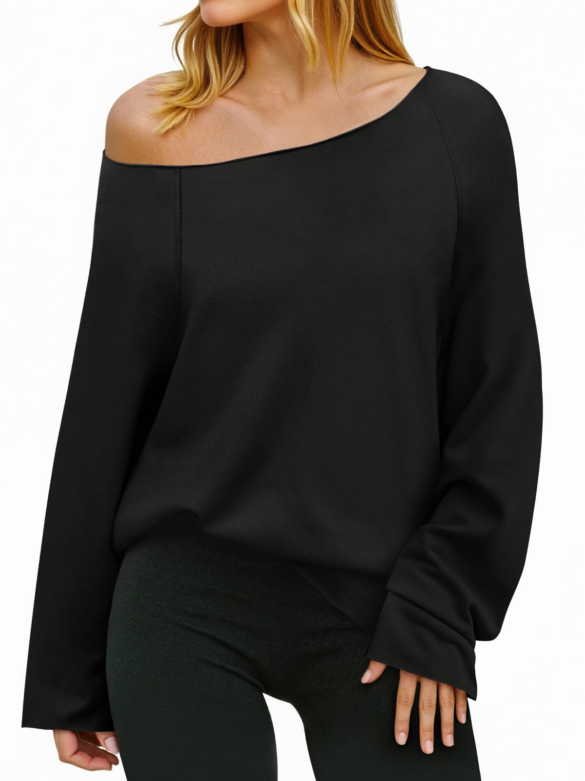 Womens Lightweight Oversized Off The Shoulder Sweatshirts Tunic Tops