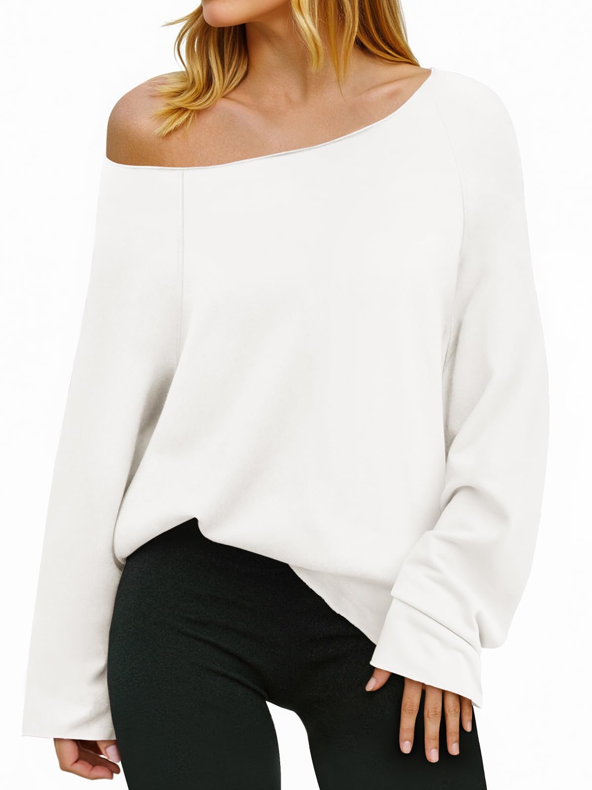 Womens Lightweight Oversized Off The Shoulder Sweatshirts Tunic Tops