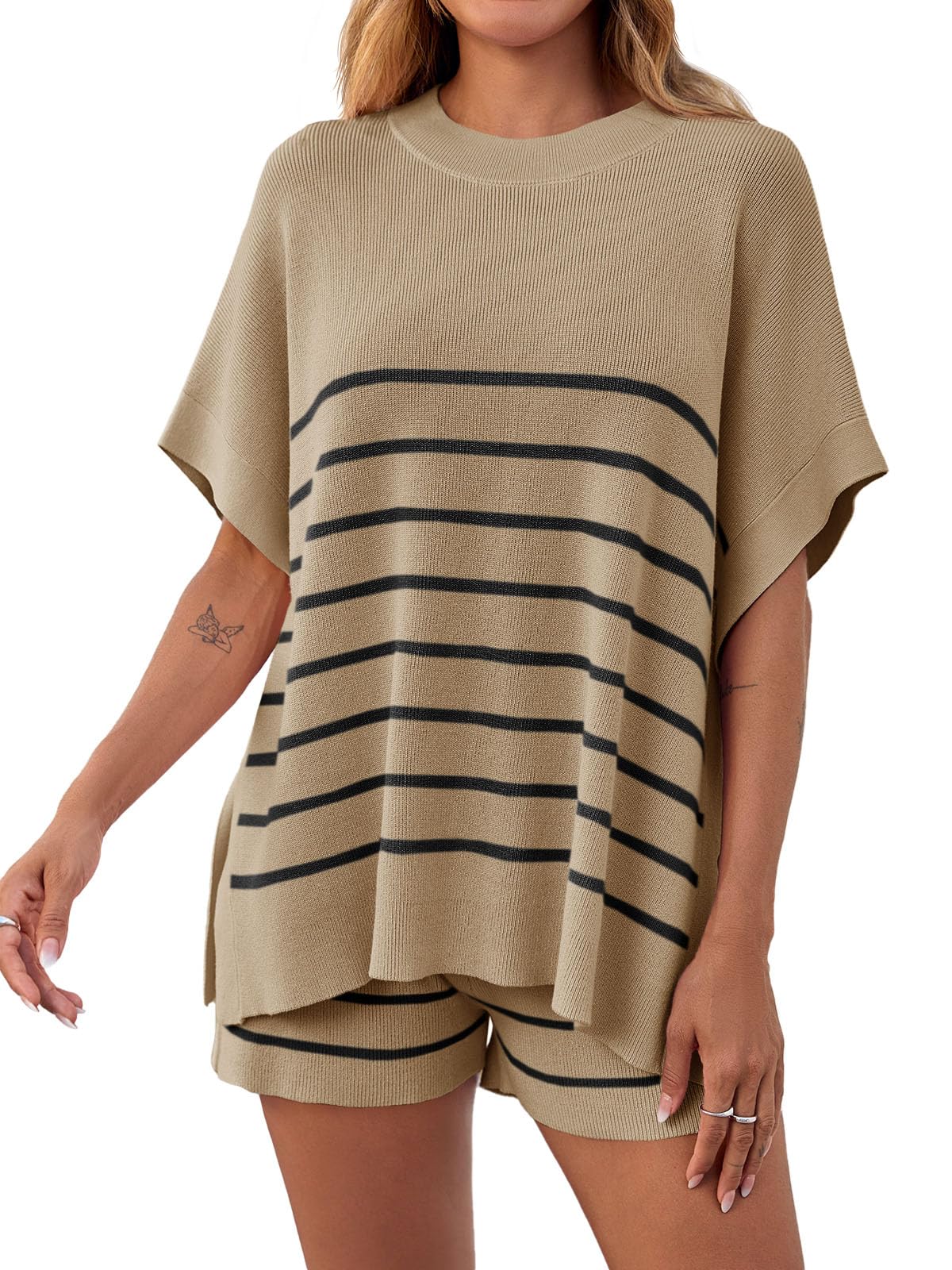Women's Striped 2-Piece Oversized Batwing Sleeve Short Sleeve Top and Shorts Set