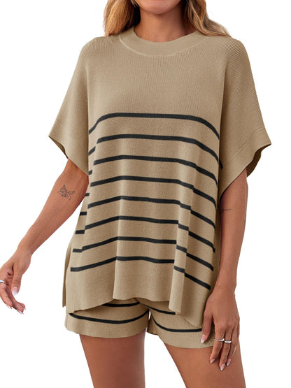 Women's Striped 2-Piece Oversized Batwing Sleeve Short Sleeve Top and Shorts Set