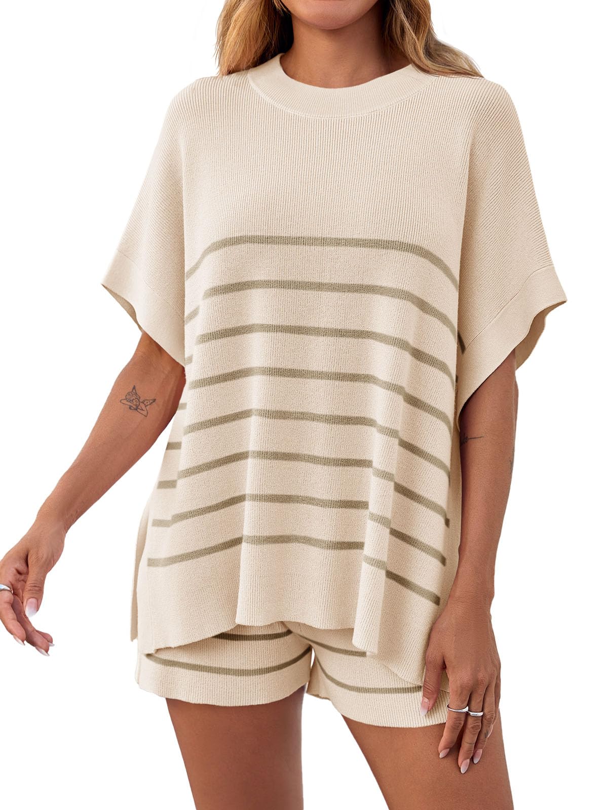 Women's Striped 2-Piece Oversized Batwing Sleeve Short Sleeve Top and Shorts Set