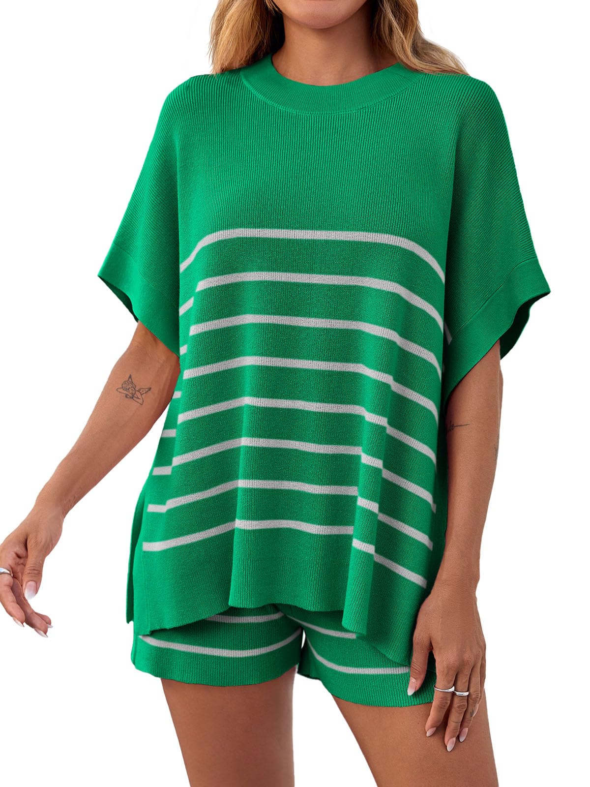Women's Striped 2-Piece Oversized Batwing Sleeve Short Sleeve Top and Shorts Set