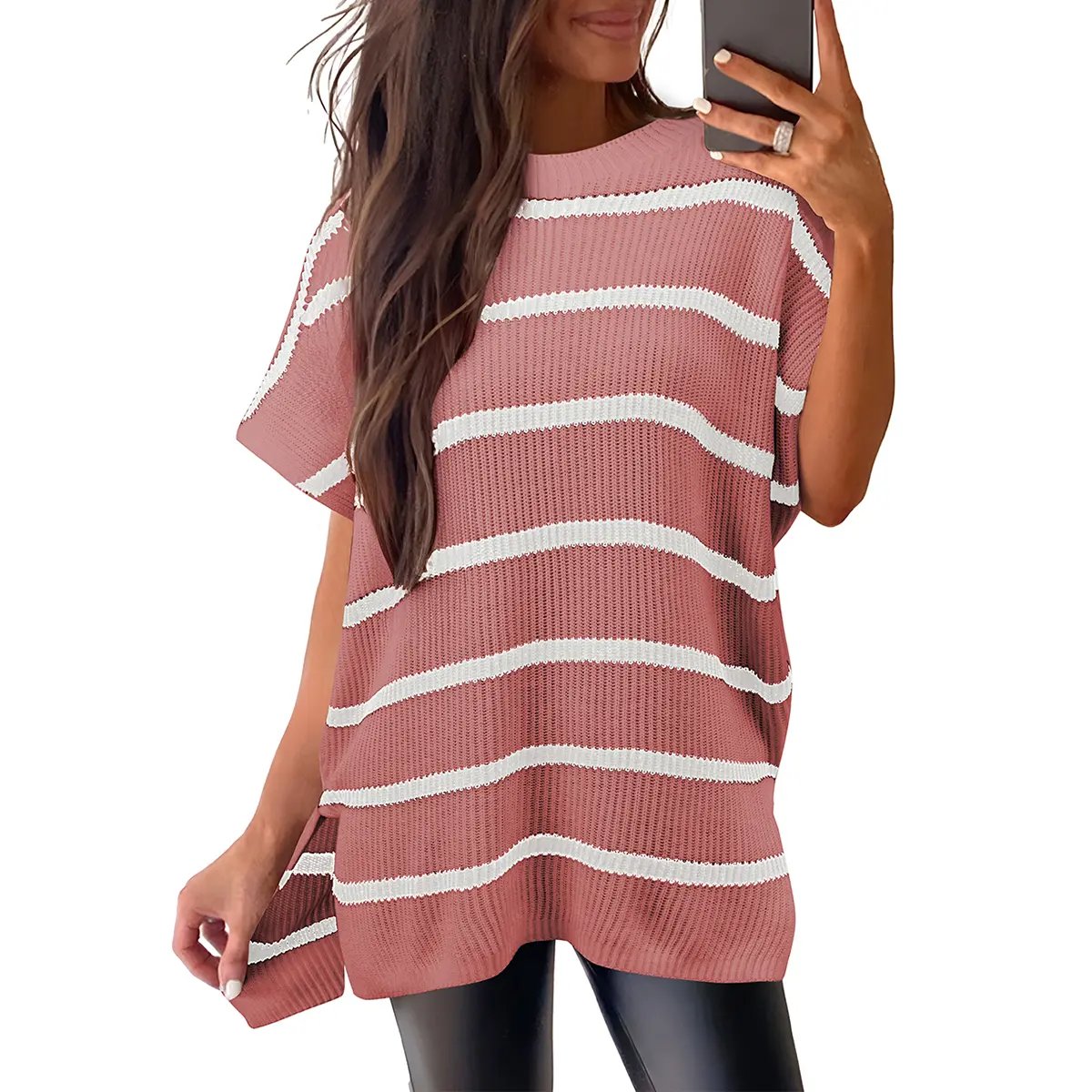 Women Crew Neck Loose Stripe Knit Tee with Side Split Hem