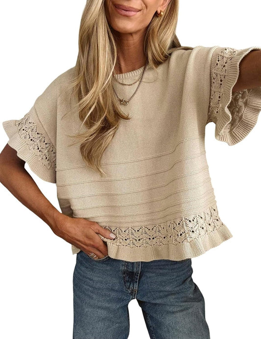 Women's Round Neck Ruffled Hem Knit Pullover Top