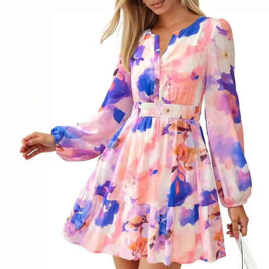 Women V Neck Long Sleeve Elastic Waist Boho Floral Mini Dress