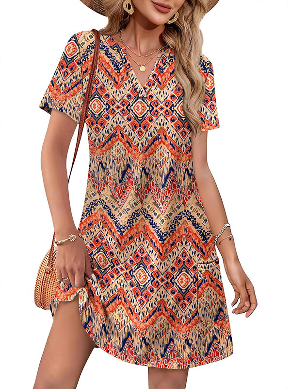 Women Casual V Neck Hawaiian Midi Dress With Pockets