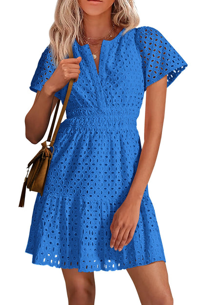 Women's V Neck Short Sleeve A Line Hollow Out Lace Dress