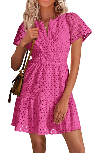 Women's V Neck Short Sleeve A Line Hollow Out Lace Dress