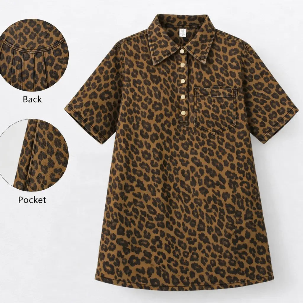 Women's Leopard Print Button Denim Shirt Dress