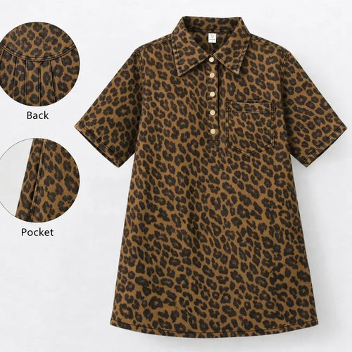 Women's Leopard Print Button Denim Shirt Dress