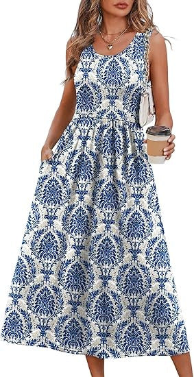Women's Sleeveless Printed Flowy Dress With Pockets